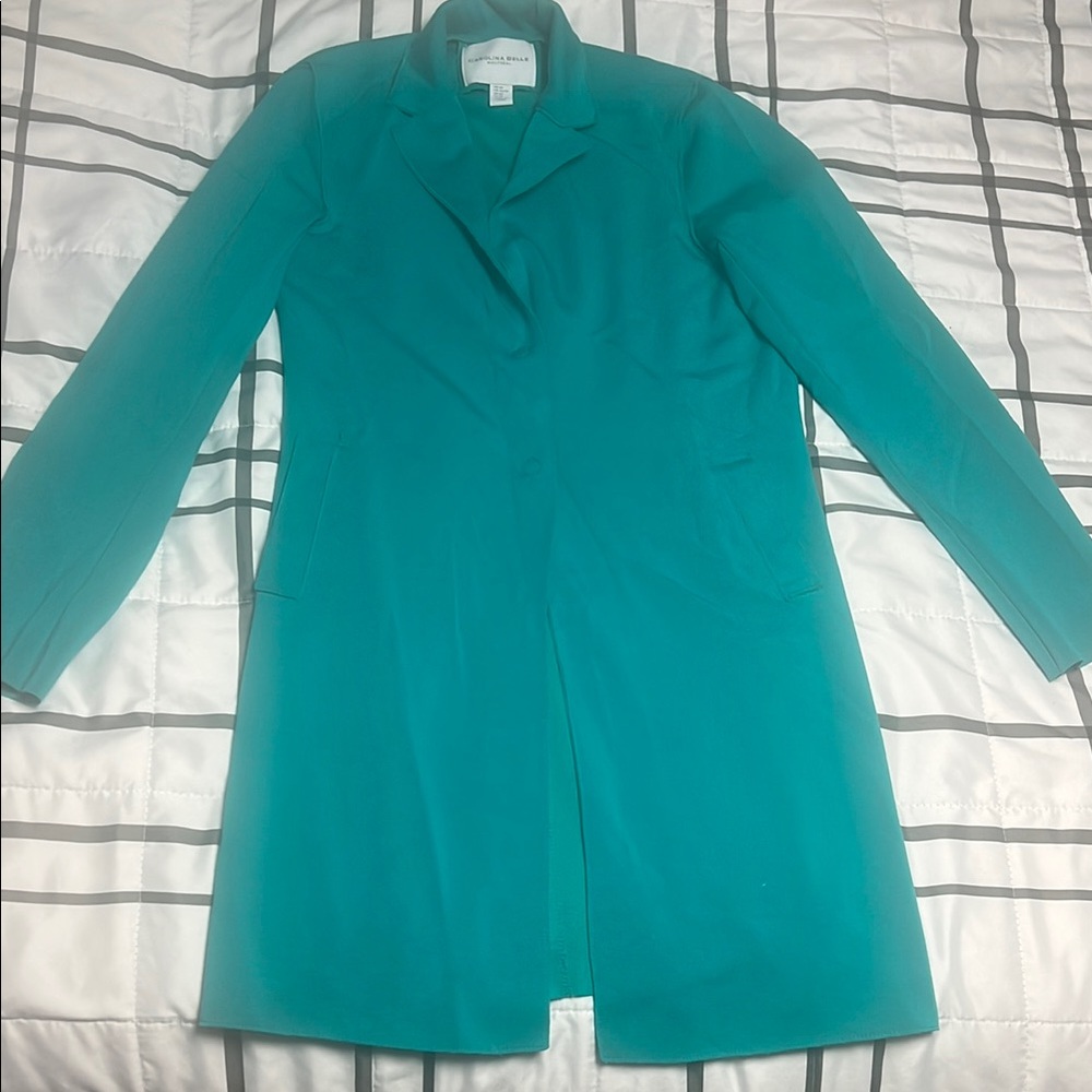 Carolina Belle Montreal teal long blazer style jacket with snaps